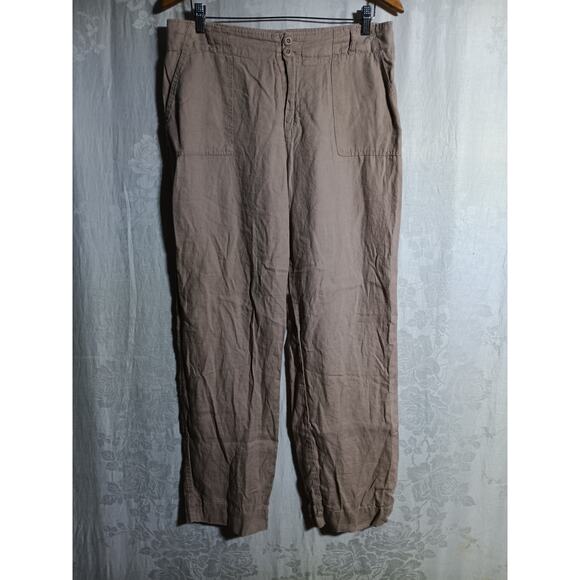Tahari Pants 12 Tan 100% Linen Straight Leg Patch Pockets - Picture 1 of 14